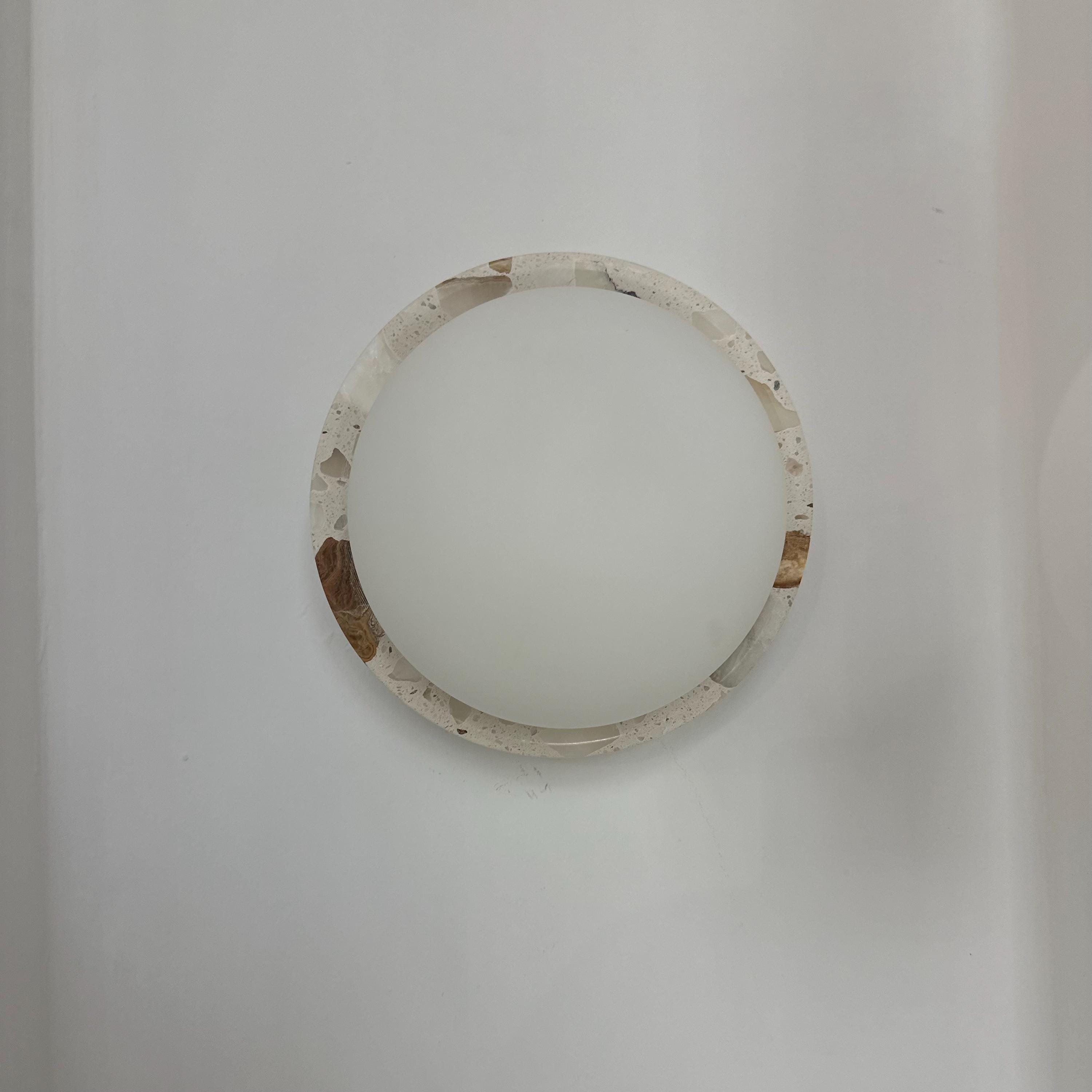 Terrazzo Stone and Opal Glass Globe Wall Sconce, Modern G9 Wall Light for Bedroom, Hallway, Bathroom, and Living Room