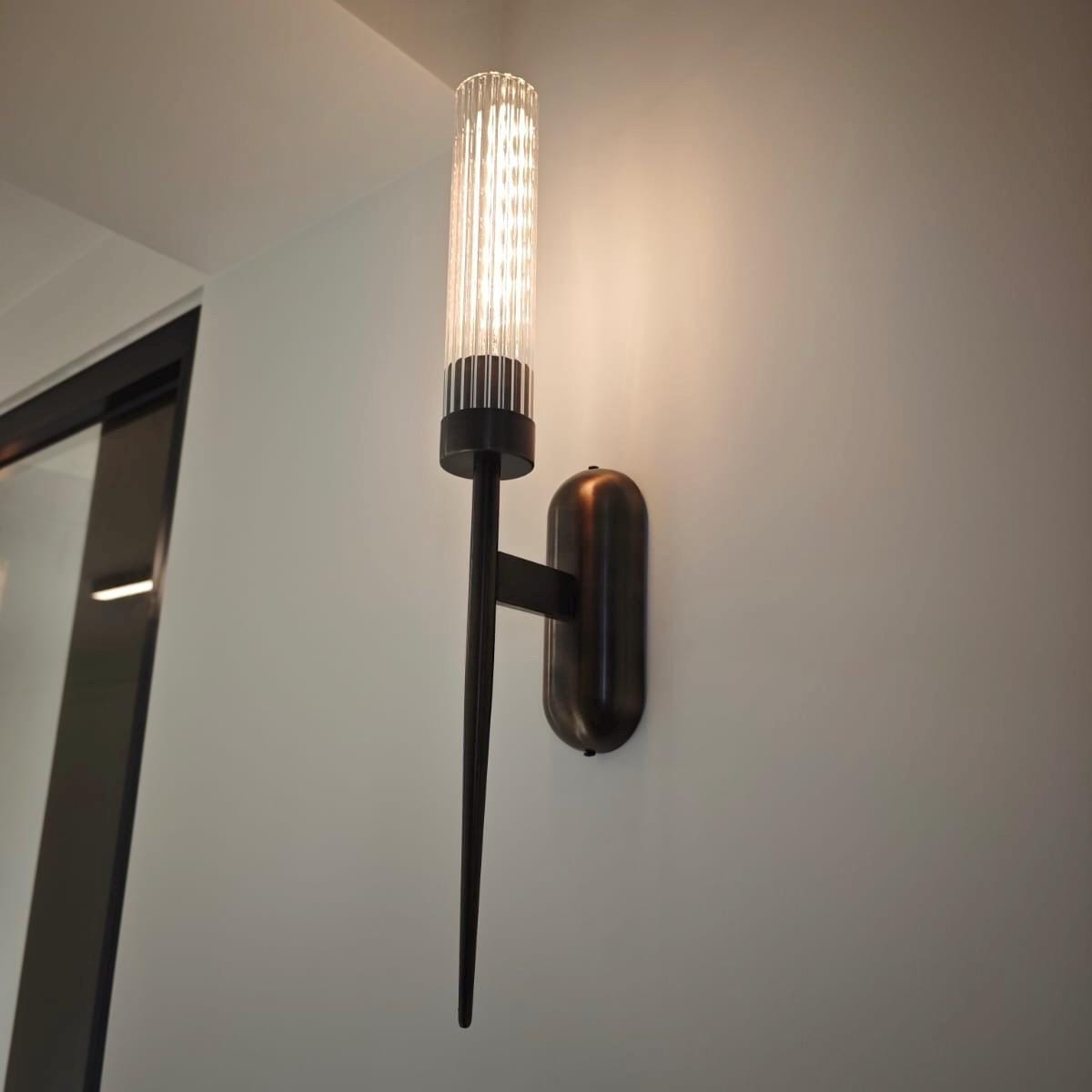 Ribbed Glass Torch Wall Sconce with Dark Bronze Frame, E26 E27 Wall Light for Bedroom, Hallway, Living Room, and Entryway