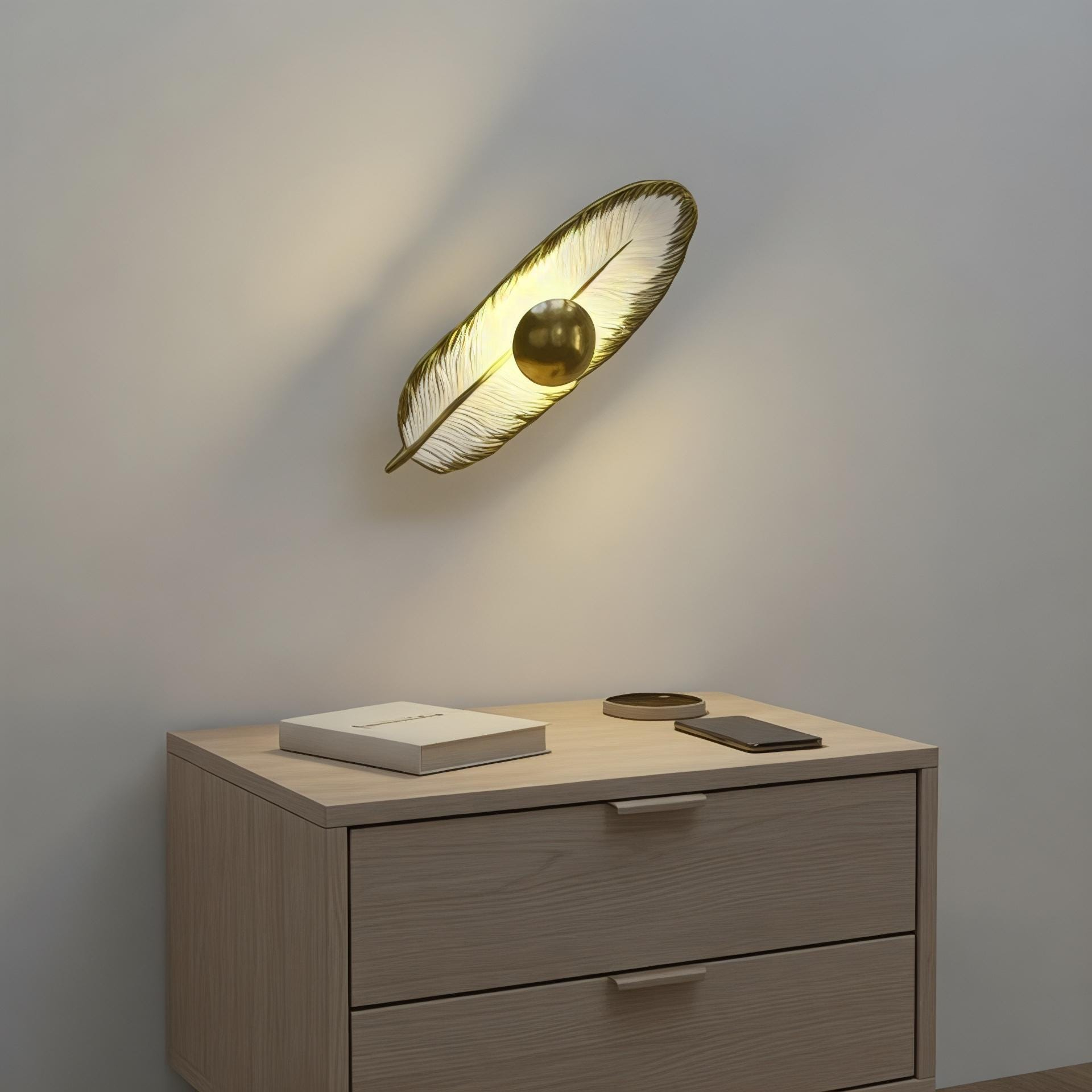 Gold Feather LED Wall Sconce, Decorative Botanical Wall Light for Bedroom, Hallway, Living Room, and Entryway