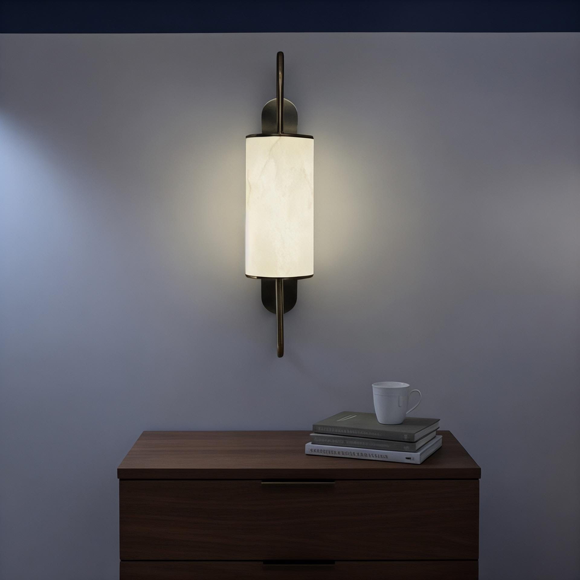 Modern Vertical Marble LED Wall Sconce with Brushed Brass Frame, 4000K Wall Light for Bedroom, Hallway, Living Room, and Entryway