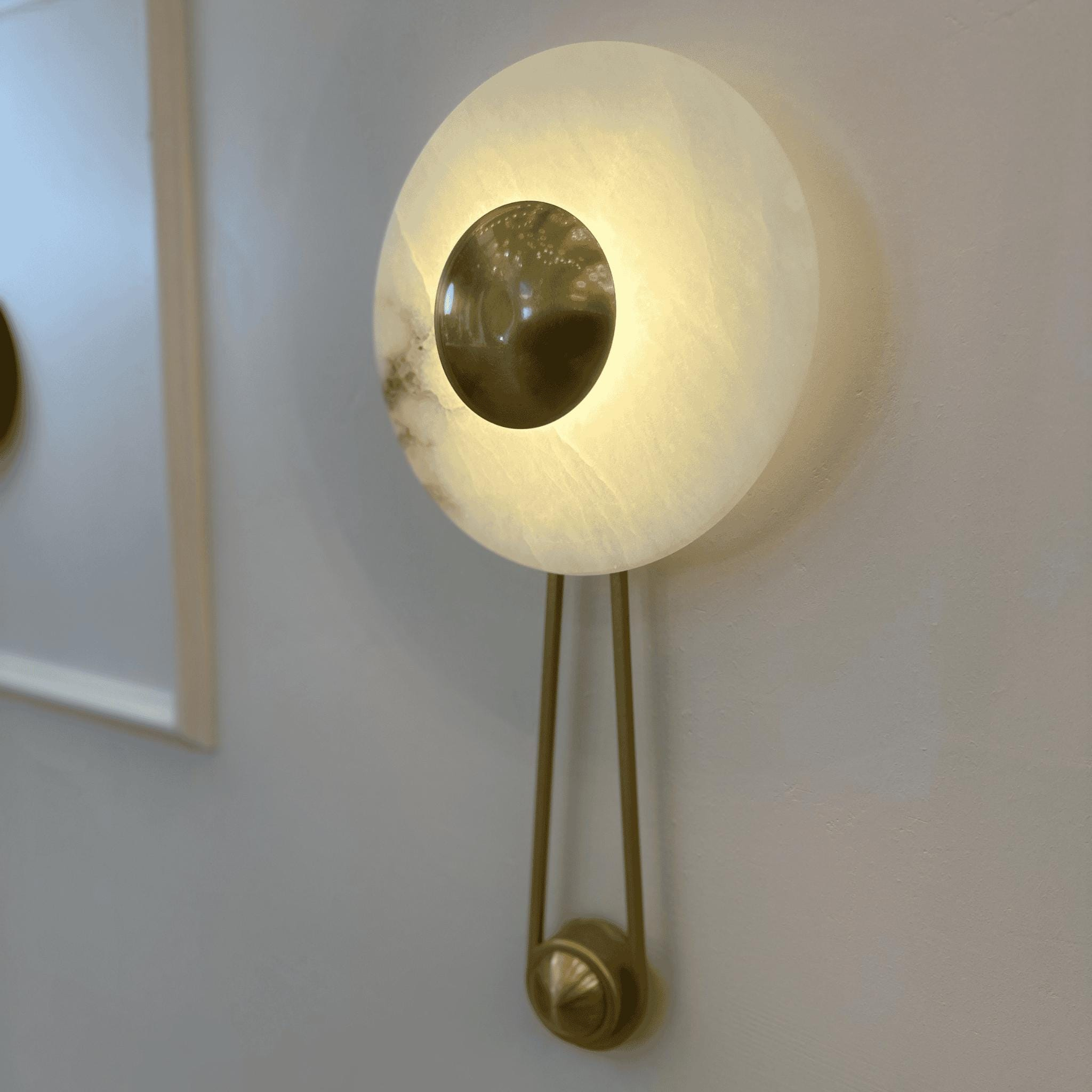 Round Marble Disc LED Wall Sconce with Brushed Brass Accent, Modern Warm White Wall Light for Bedroom, Hallway, Living Room, and Entryway