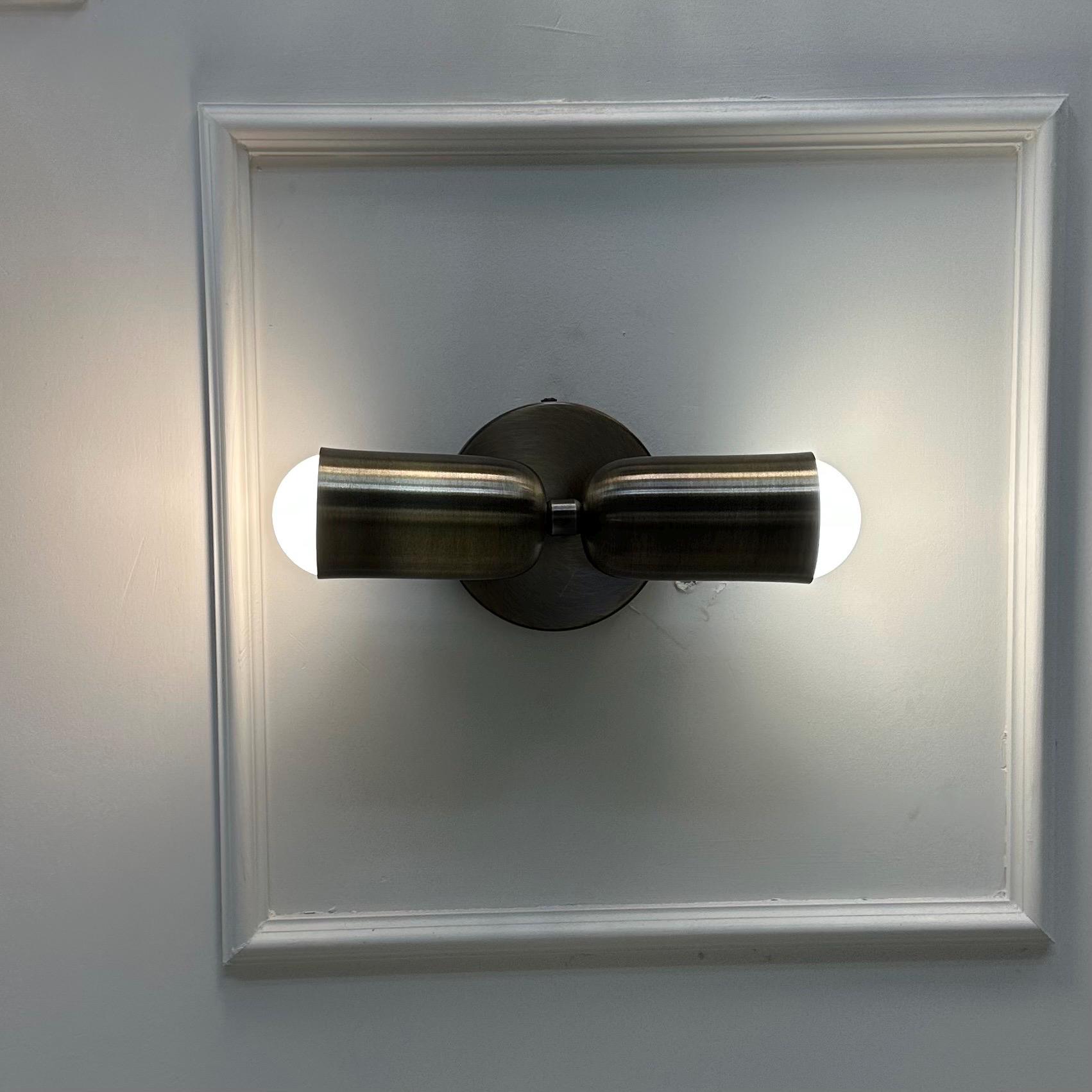 Modern Double Cylinder Wall Sconce with Round Backplate, Brushed Brass Wall Light for Bedroom, Hallway, Bathroom Vanity, and Living Room