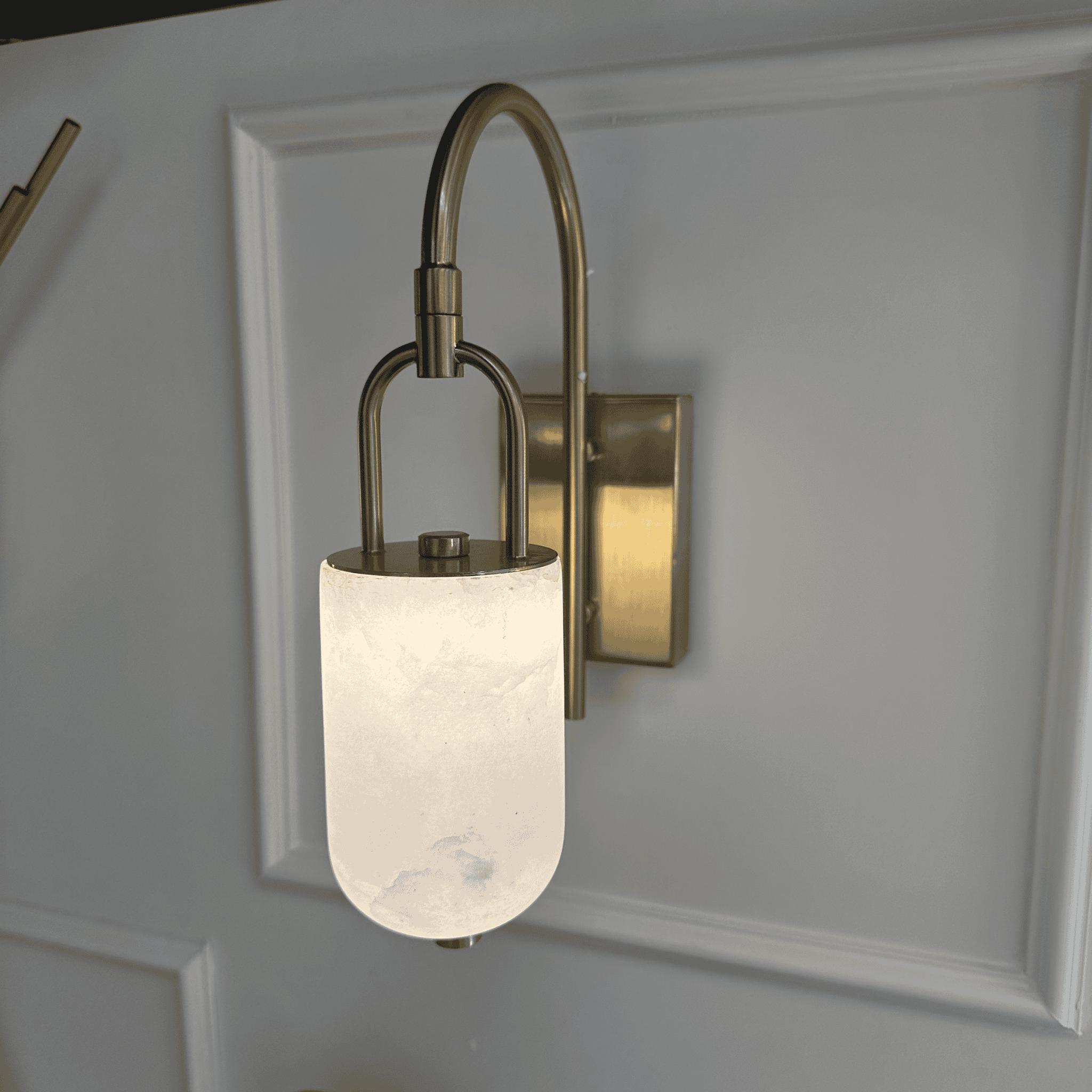 Brushed Brass Arched Marble Wall Sconce with Soft White Shade, Modern Luxury LED Wall Lamp for Bedroom, Hallway, Living Room