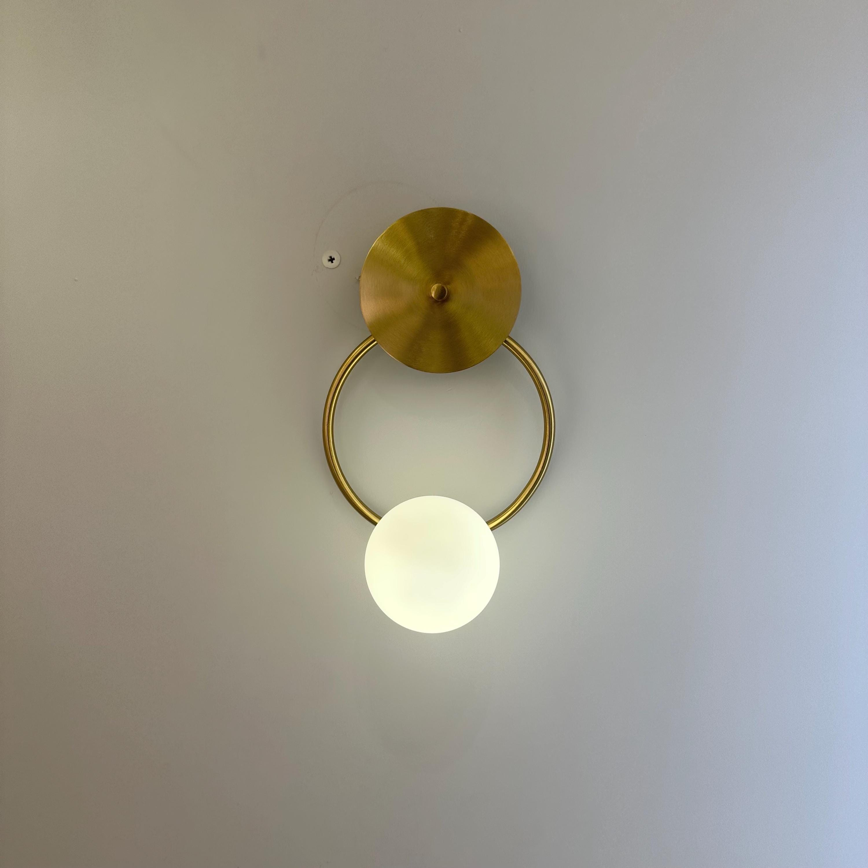 Modern Brushed Brass Ring Wall Sconce with Milk Glass Globe, G9 Wall Light for Bedroom, Hallway, Living Room, and Bedside