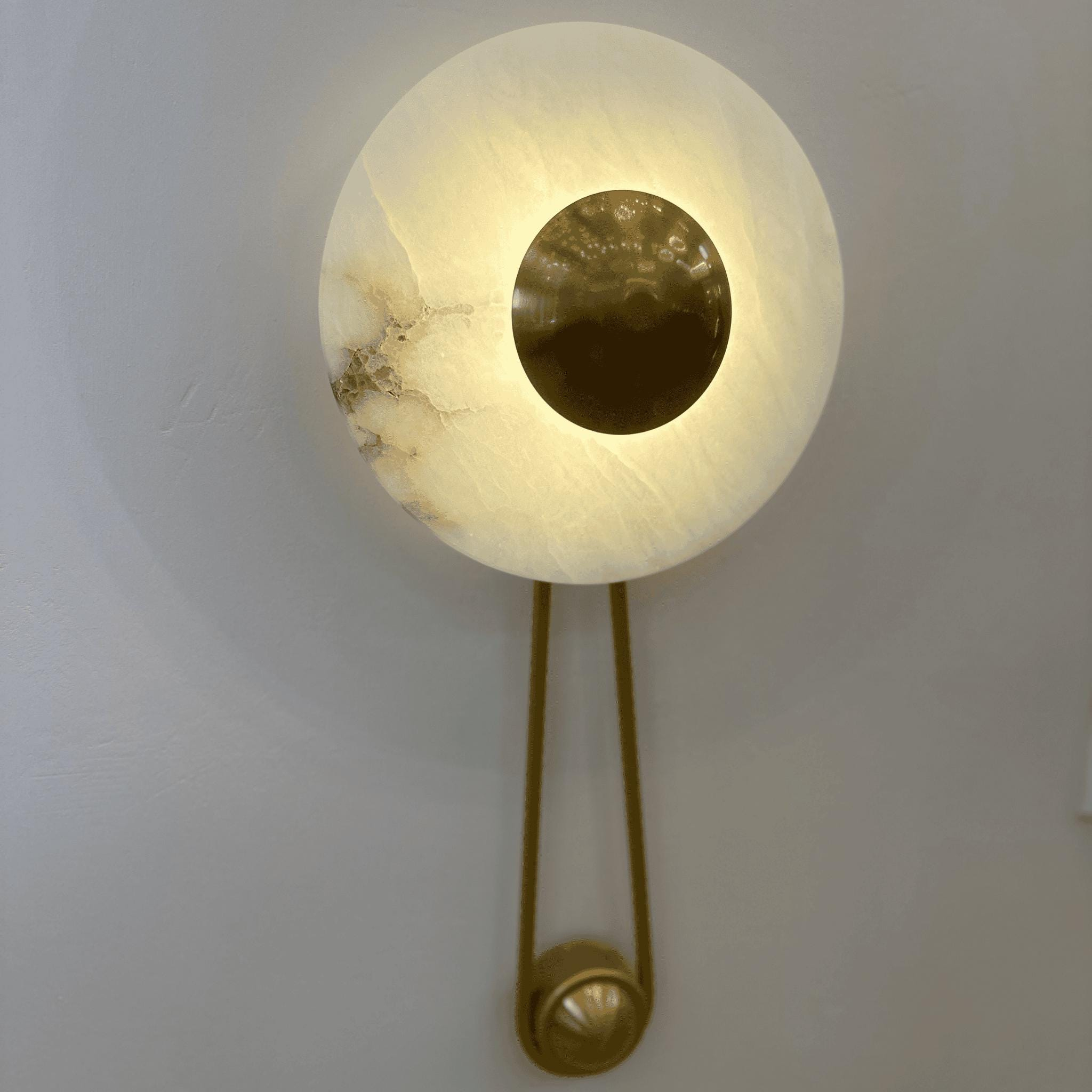 Round Marble Disc LED Wall Sconce with Brushed Brass Accent, Modern Warm White Wall Light for Bedroom, Hallway, Living Room, and Entryway